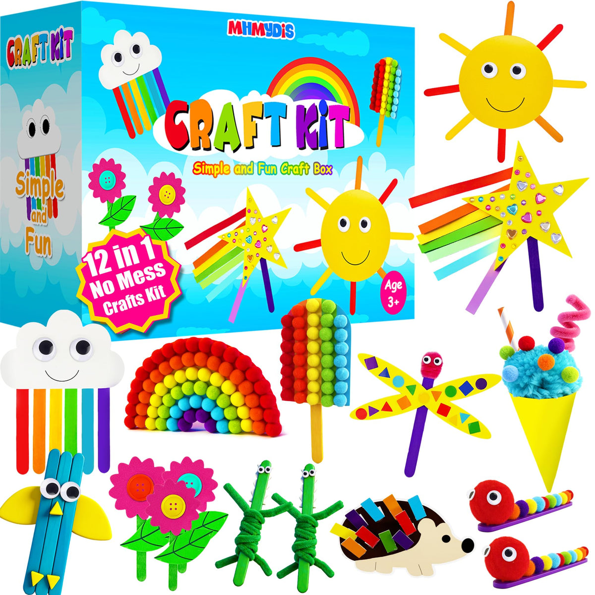 MHMYDIS First Craft Kit showing 12 projects for kids' creativity and organized packaging