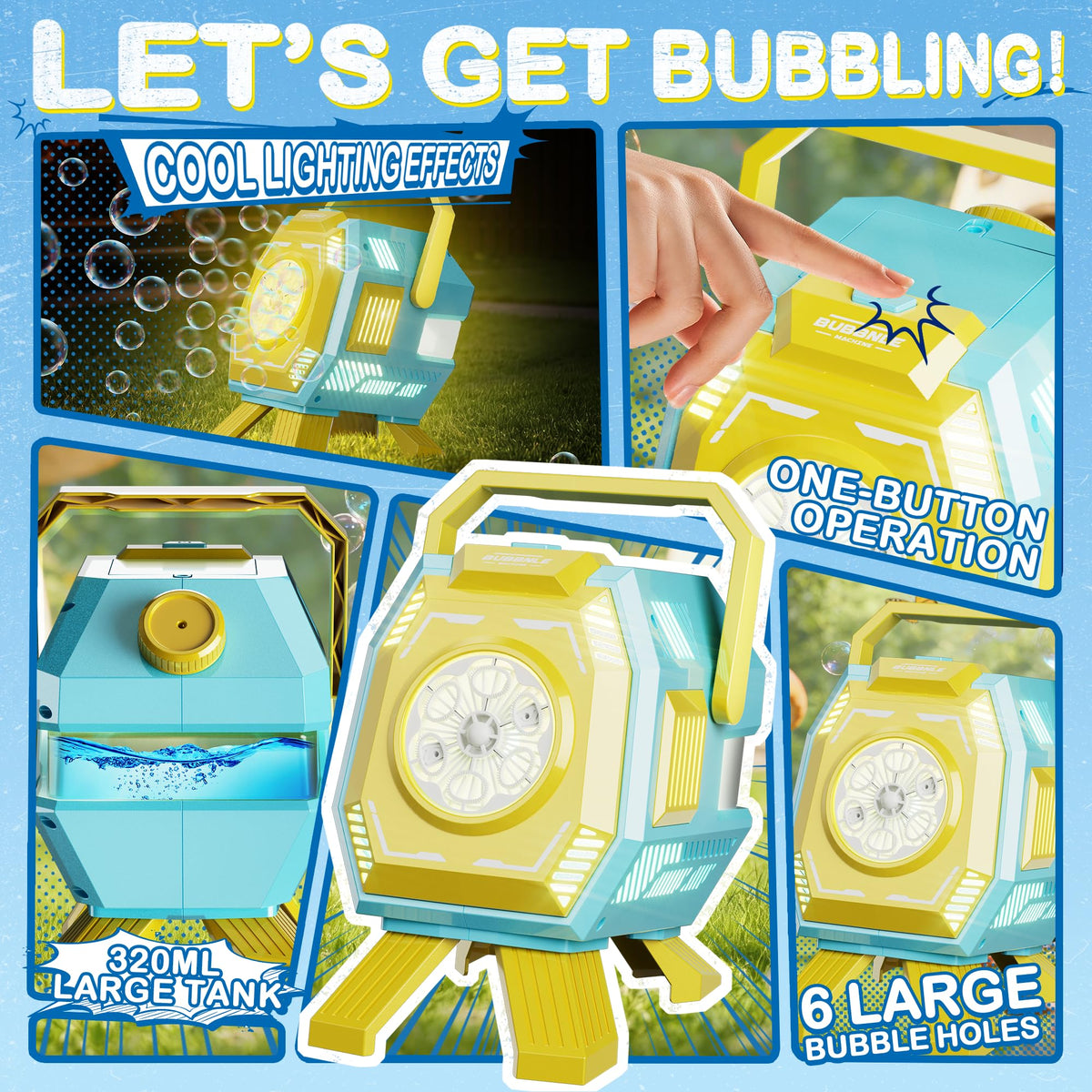 MiBex bubble machine showing 320ml tank for longer playtime
