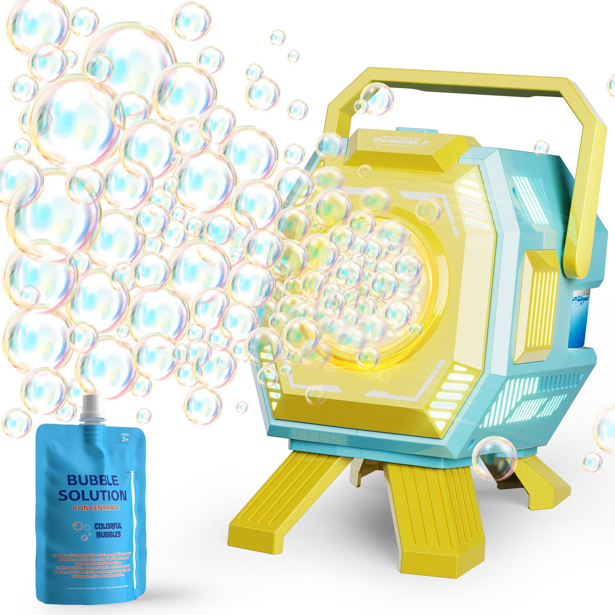 MiBex bubble machine with lights creating large bubbles for outdoor events