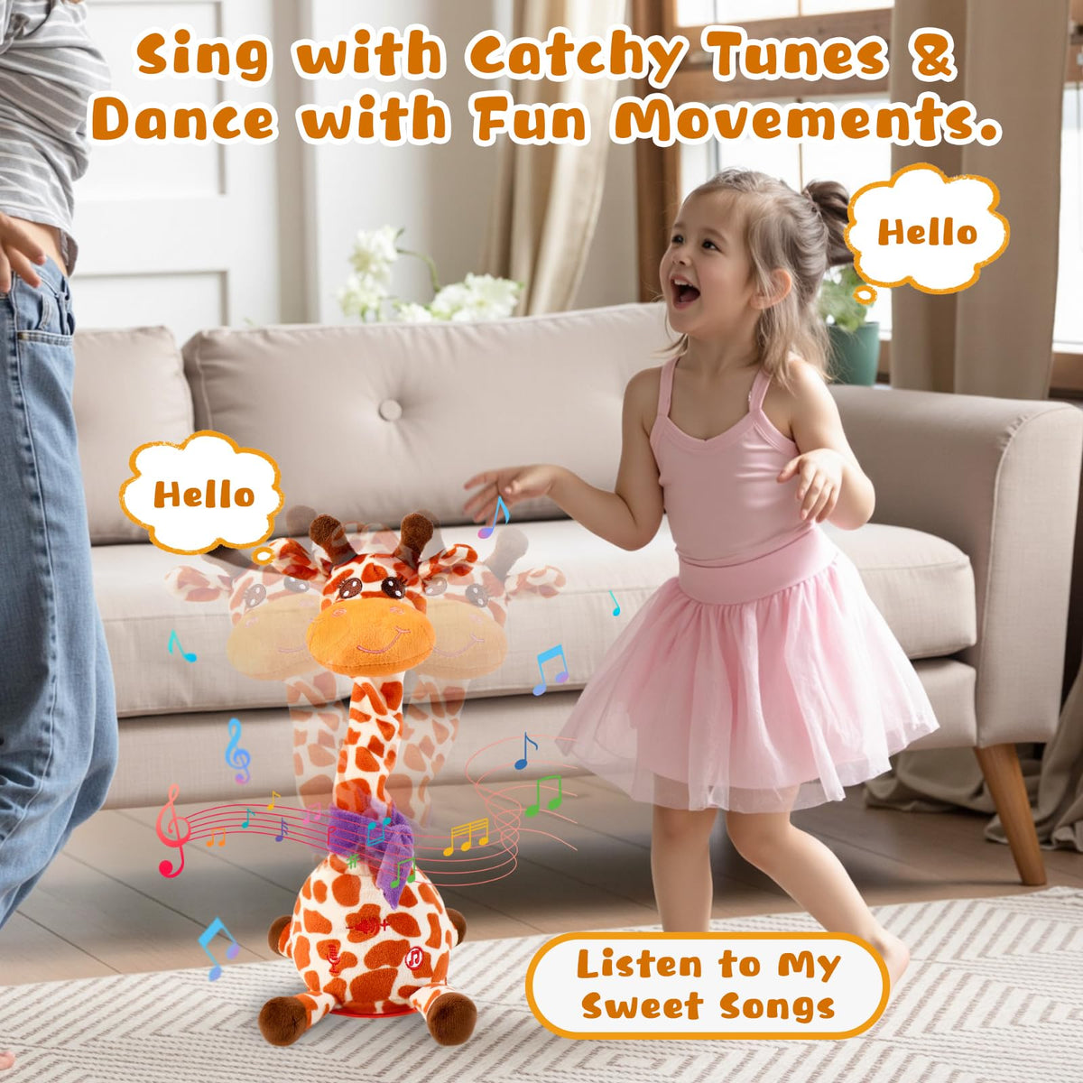 MIAODAM Dancing Giraffe Toy LED glow lights for evening fun.