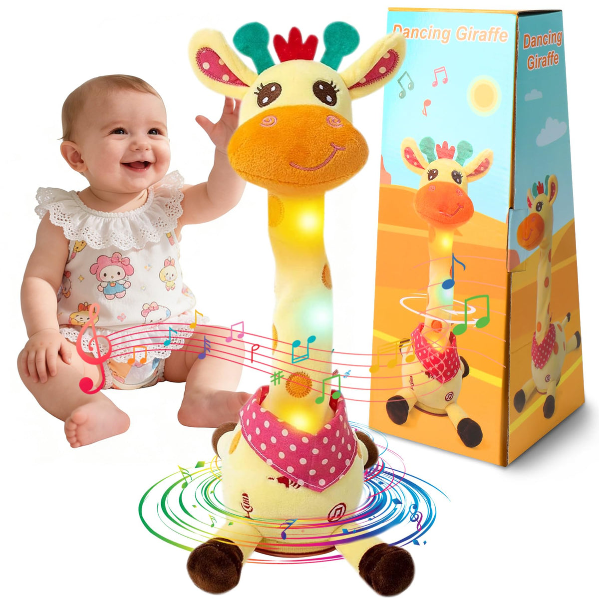 MIAODAM Dancing Talking Giraffe toy with bright LED glow for lively playtime.
