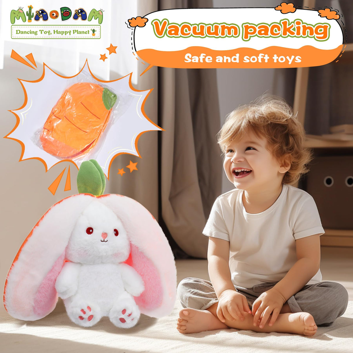MIAODAM Easter Bunny smiling face highlights a friendly, comforting companion for children.