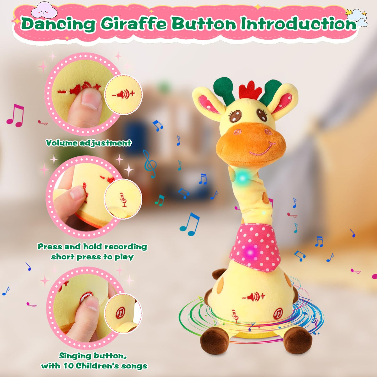 Giraffe plush features hand-embroidered eyes and mouth for gentle touch.