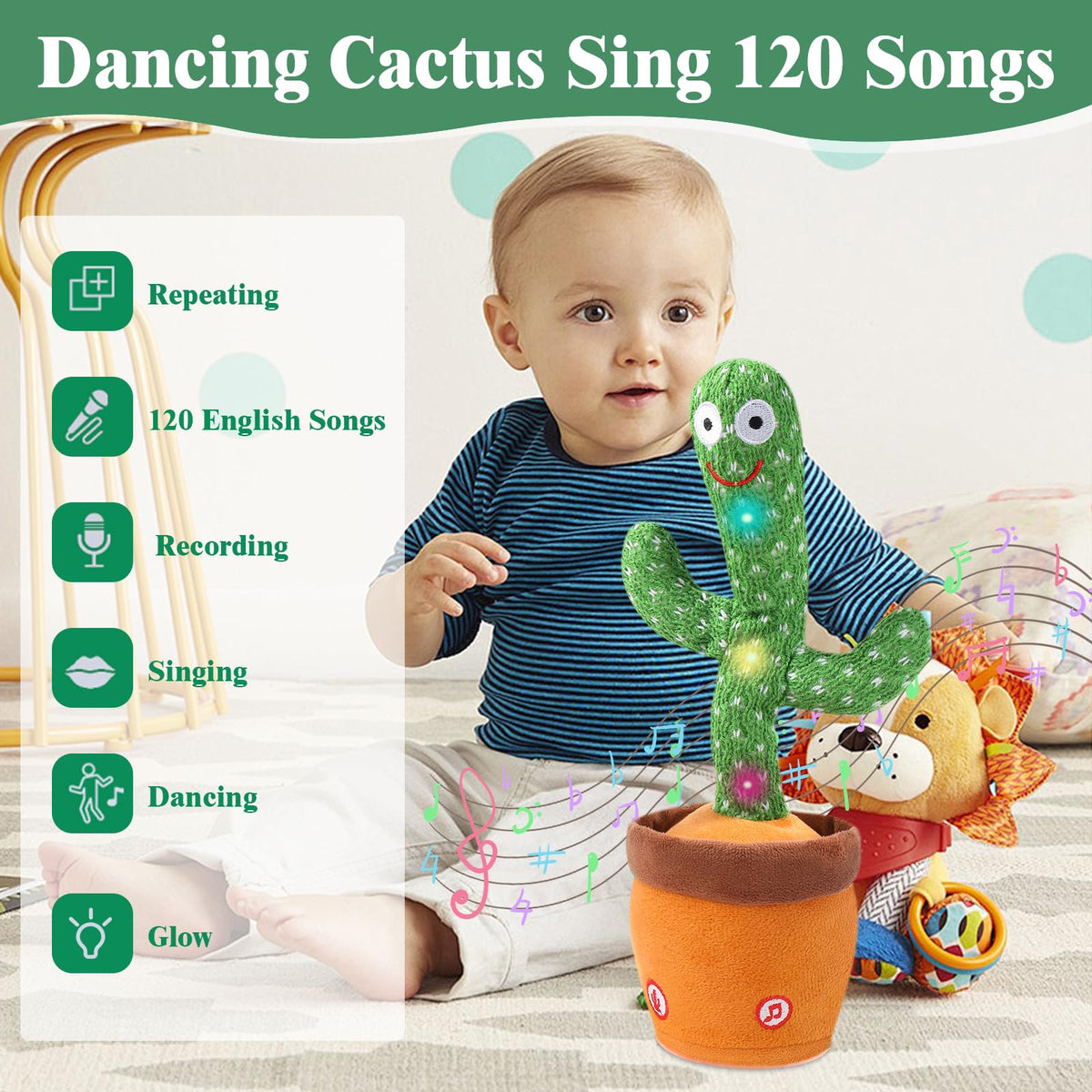 MIAODAM glowing cactus toy lights up with multi-color LEDs as it sings.