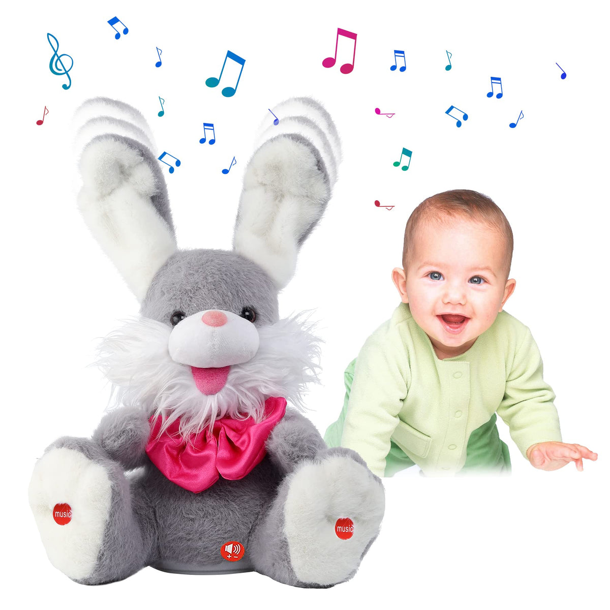 MIAODAM Peek-A-Boo Bunny ears move as it sings, inviting play.