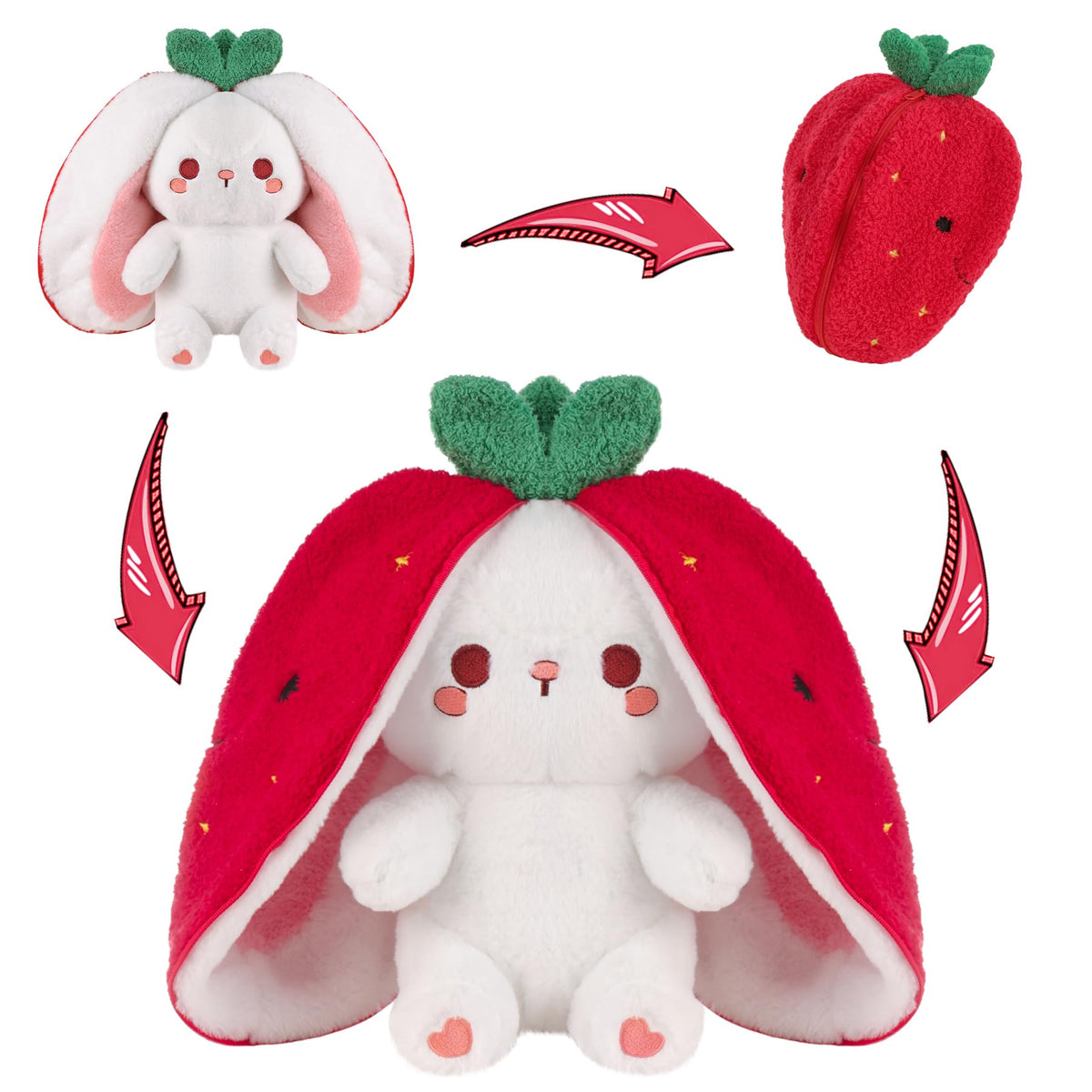 MIAODAM Strawberry Bunny Plush front view highlighting reversible play option