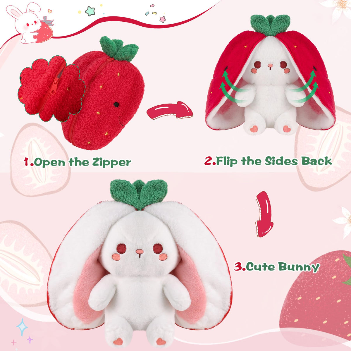 MIAODAM Strawberry Bunny Plush zipper transform demonstrates safe easy switch