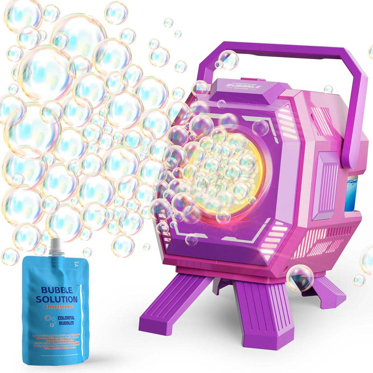 MiBex Bubble Machine producing big bubbles with built-in lights for daytime fun.