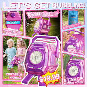 MiBex Bubble Machine lights create a glowing bubble display in the evening.