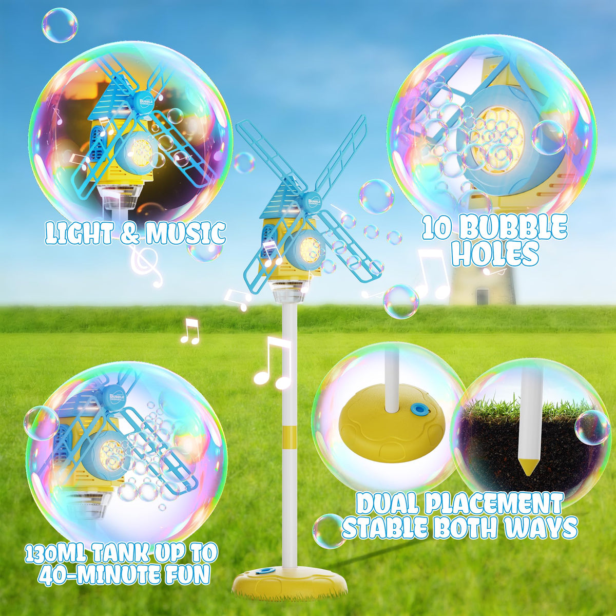MiBex Windmill Bubble Machine with 10-hole output creating a bubble stream