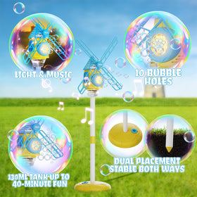 MiBex Windmill Bubble Machine with 10-hole output creating a bubble stream