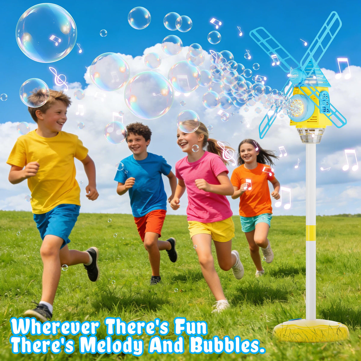 MiBex Windmill Bubble Machine secured with ground stake for lawn use
