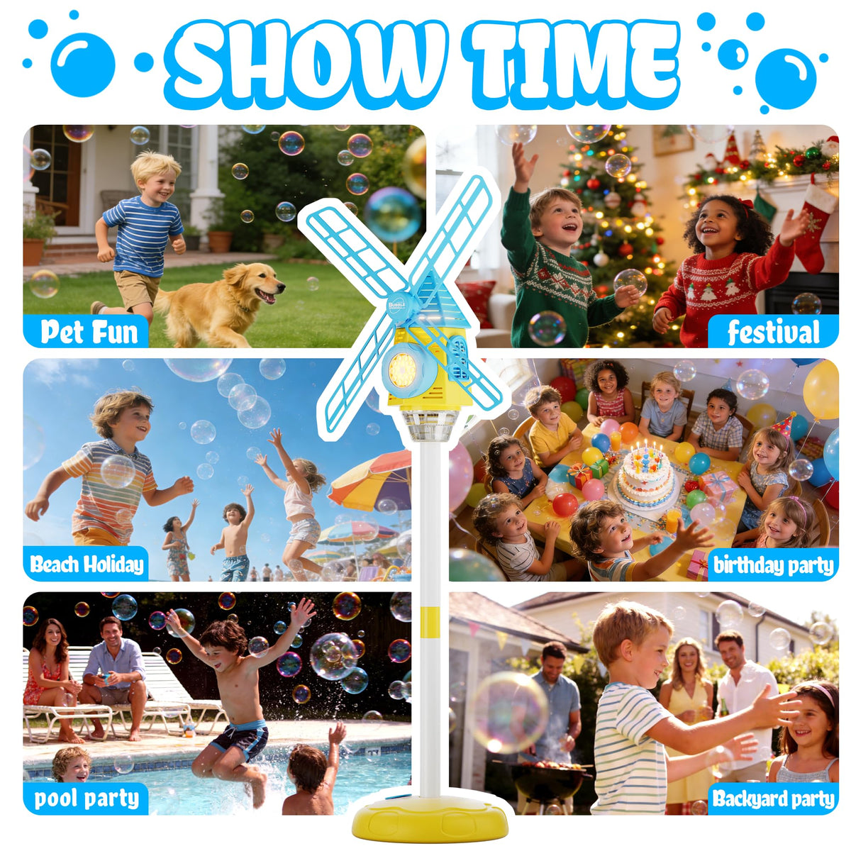 MiBex Windmill Bubble Machine outdoors in a sunny backyard setting
