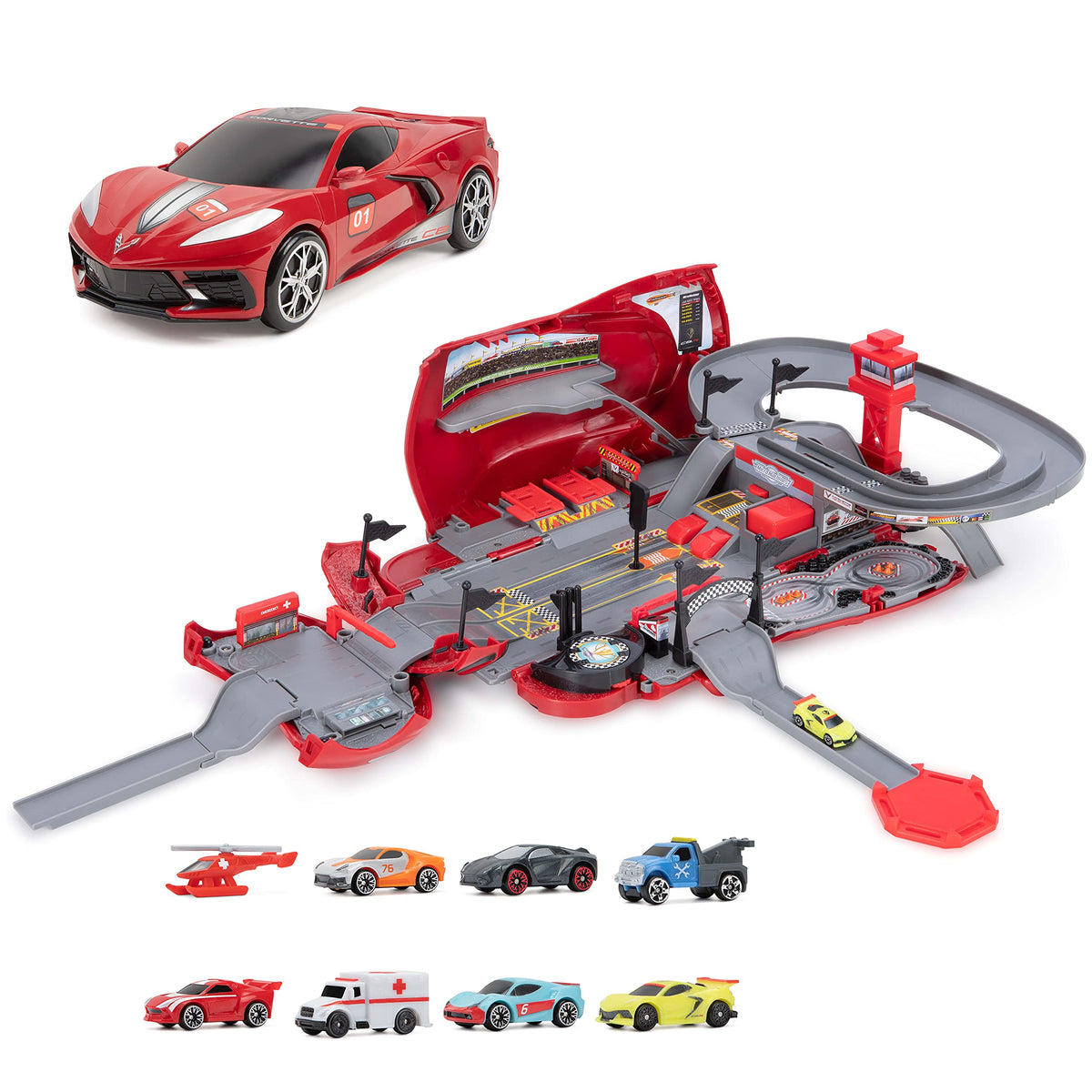 Micro Machines Corvette Raceway transforming playset cover shows sleek Corvette design for curious kids.