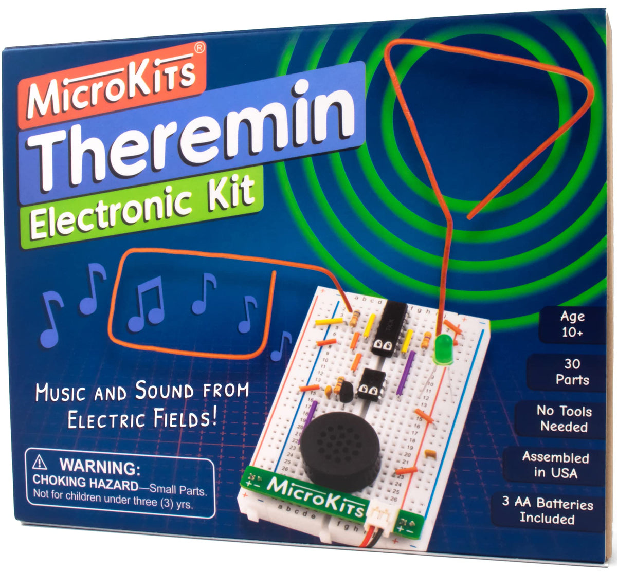 MicroKits Theremin kit box contents illustrating beginner-friendly electronics setup