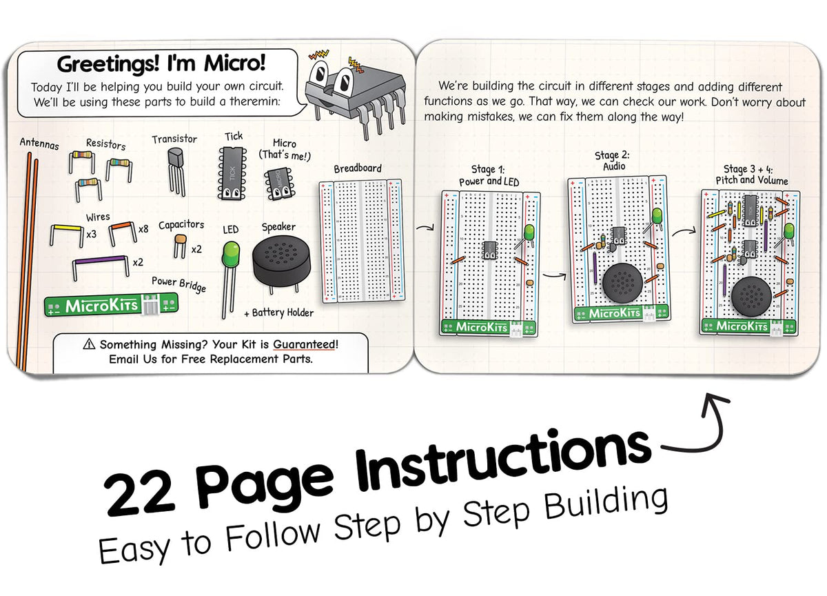 MicroKits Theremin instructional booklet with step-by-step guidance