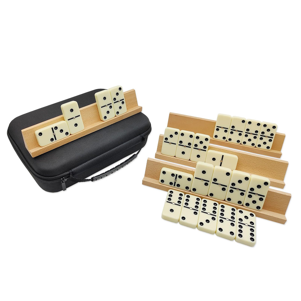 MIDOLITE domino set with four wooden racks for tidy, social play