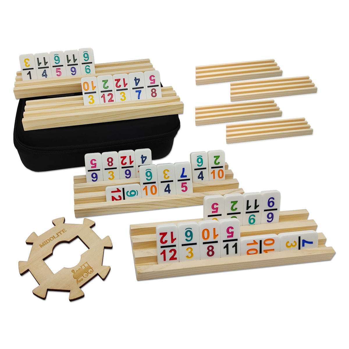 MIDOLITE Mexican Train dominoes tiles in 91 colors for family fun.