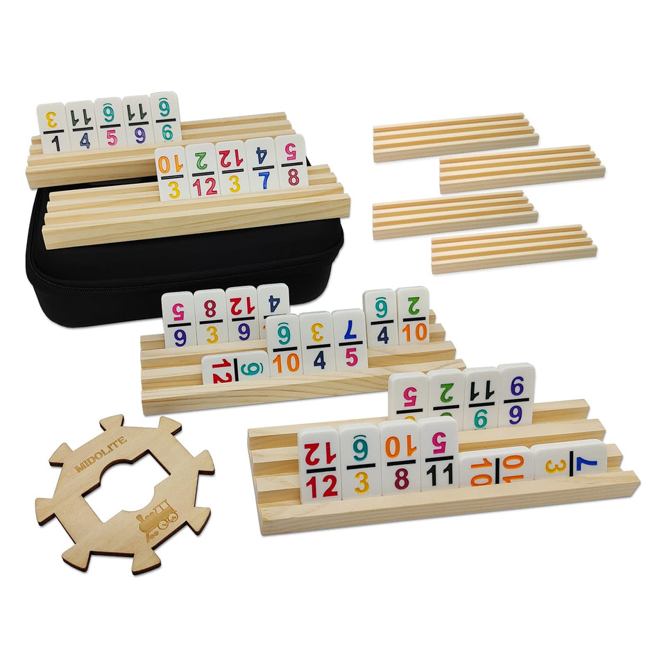 MIDOLITE Mexican Train dominoes tiles in 91 colors for family fun.