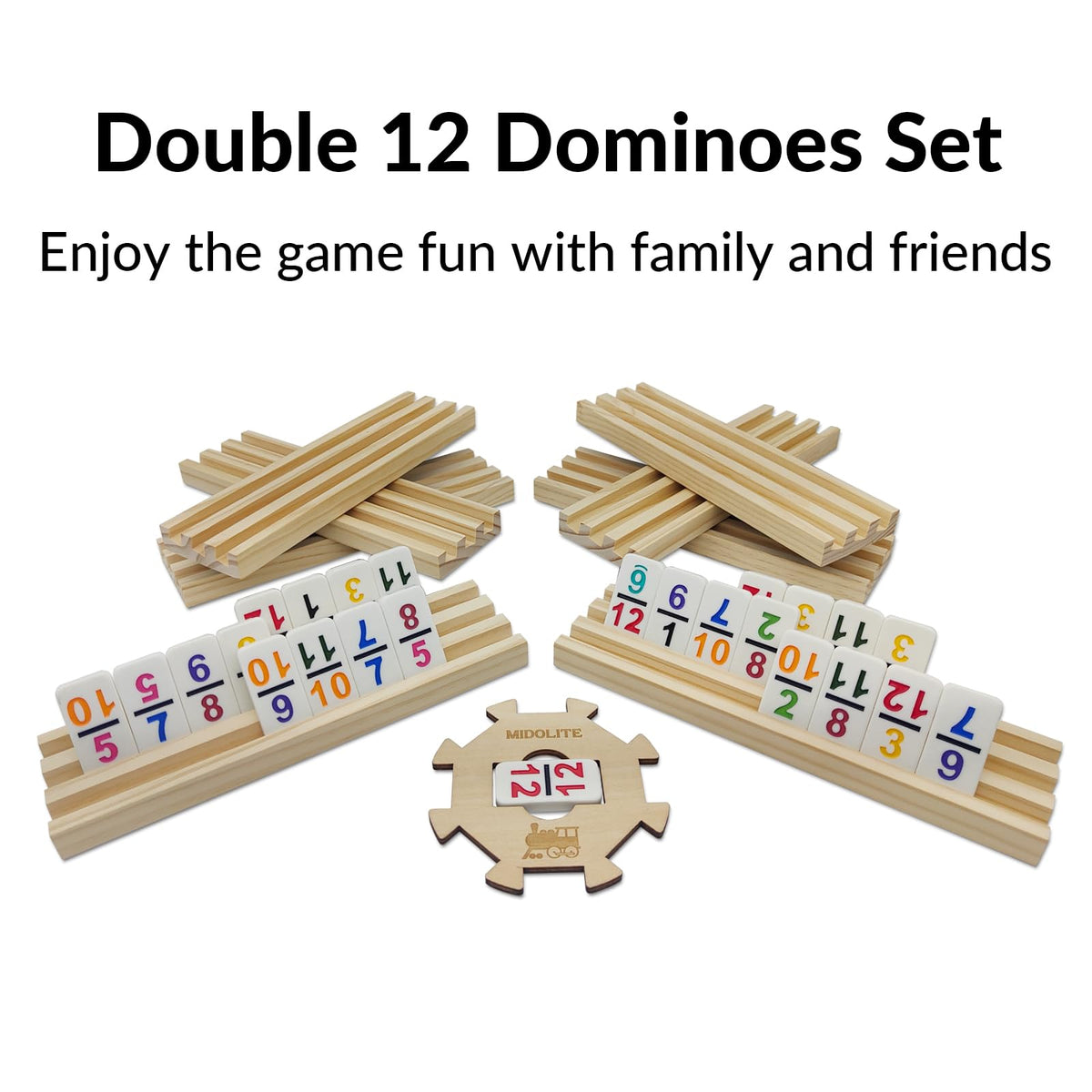 MIDOLITE wooden racks holding domino tiles securely during play.