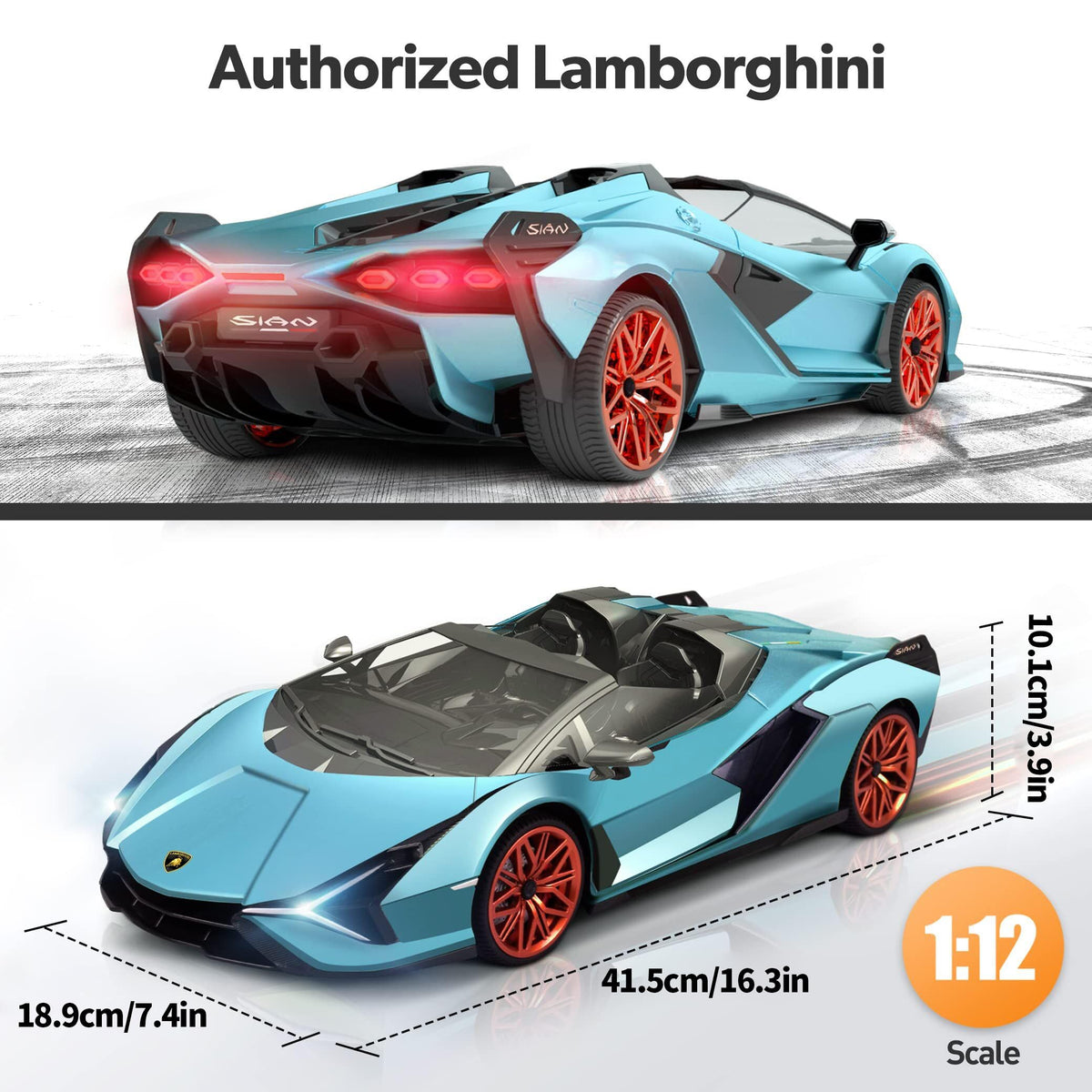 MIEBELY Lamborghini RC Car side view highlights aggressive silhouette and scale realism.