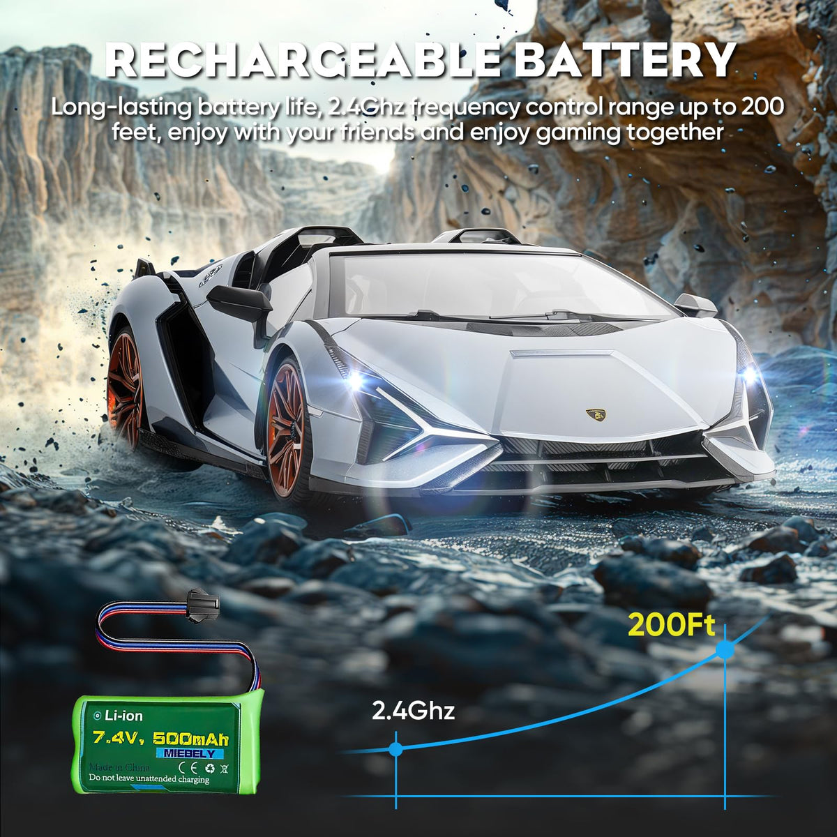 MIEBELY Lamborghini RC car battery compartment shows easy recharge