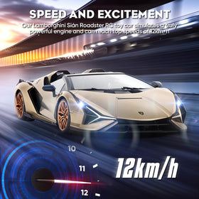 LED headlights on the MIEBELY Lamborghini RC car illuminate nighttime drives.
