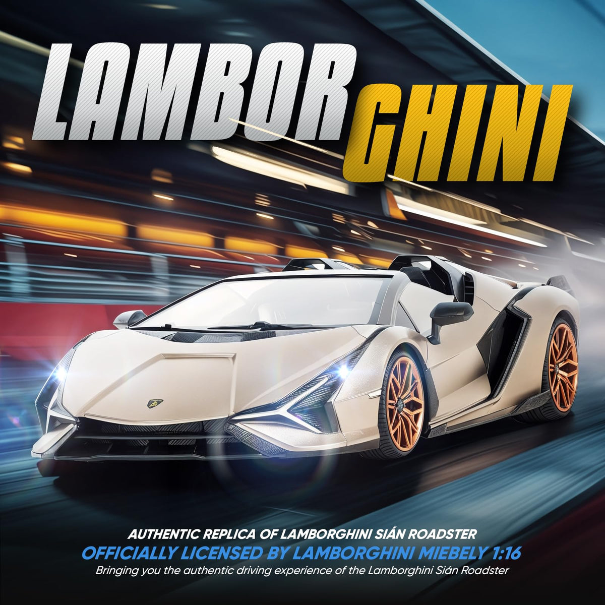 Side profile of the MIEBELY 1:16 Lamborghini RC car showing authentic styling.