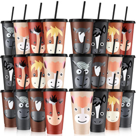 Mifoci horse cups with lids and straws for convenient party drinkware.