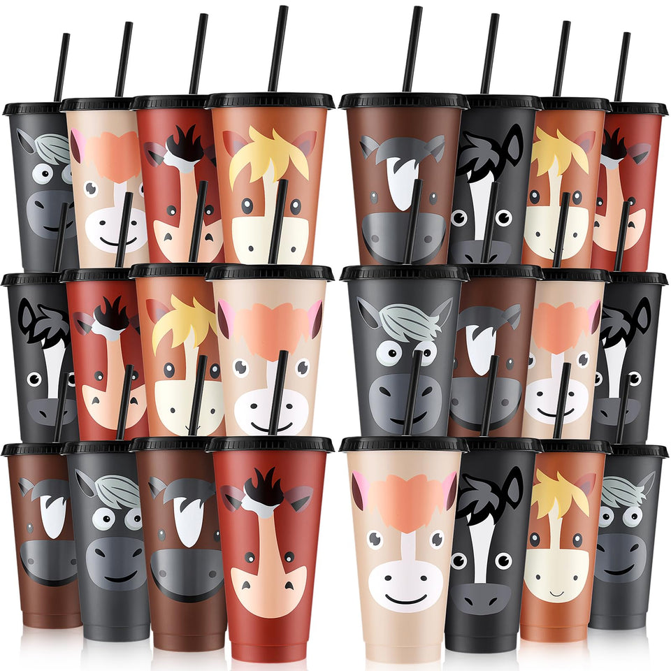 Mifoci horse cups with lids and straws for convenient party drinkware.