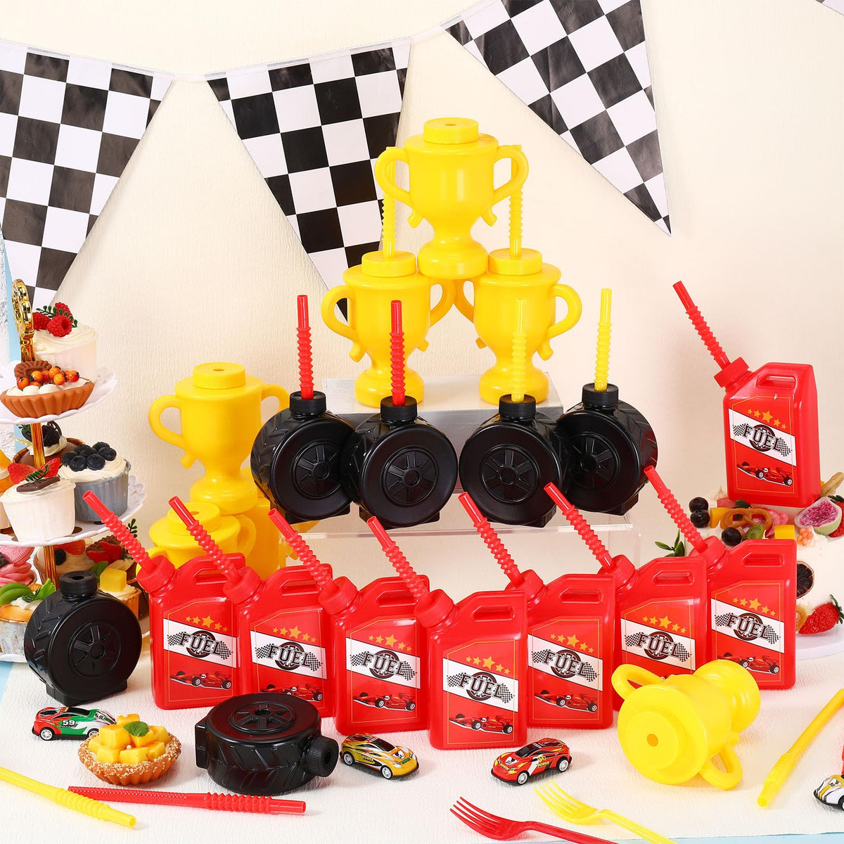 Mifoci race car cups on table, enhances themed party setup.