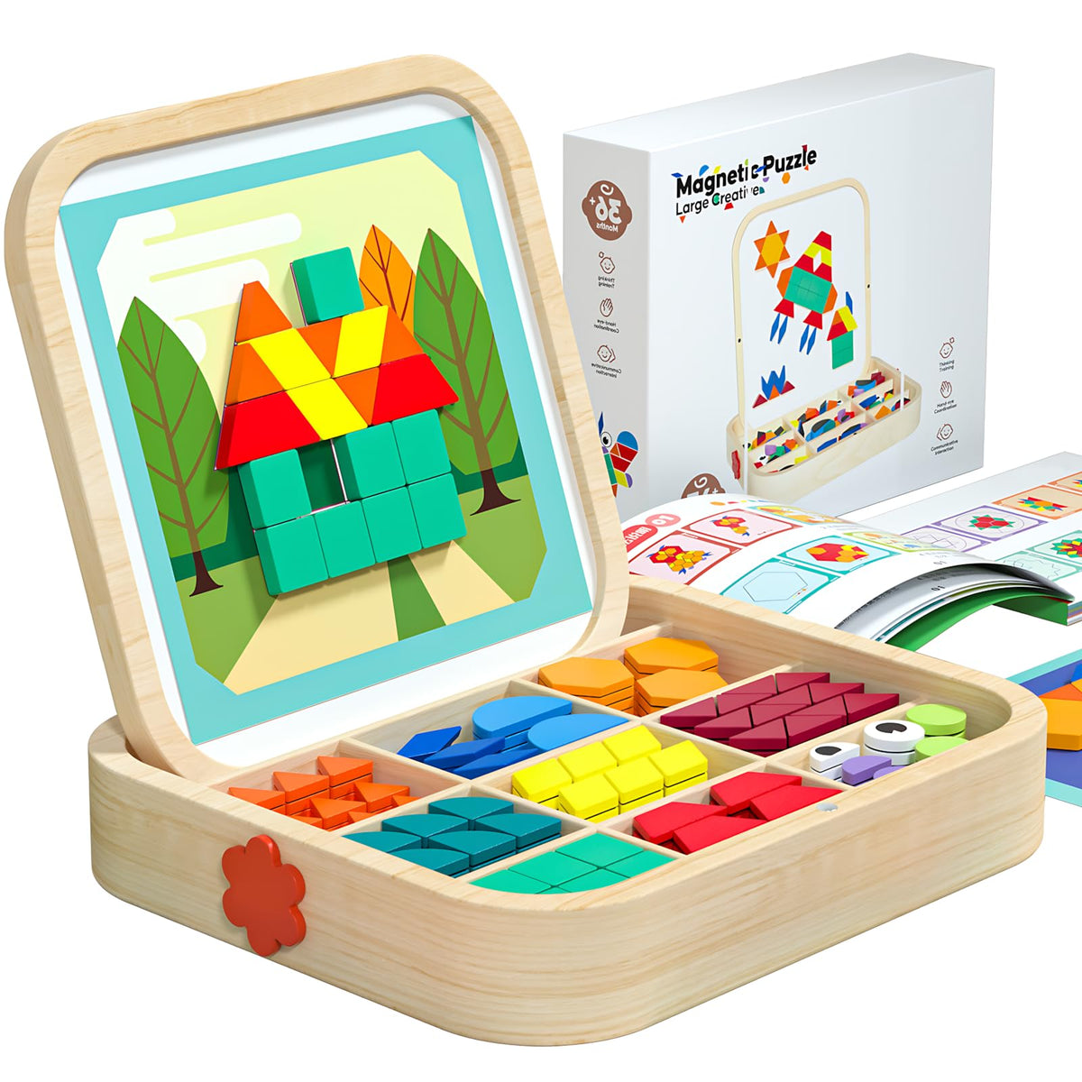 Migargle 288-piece wooden magnetic pattern blocks set for creative pattern building and STEM learning.
