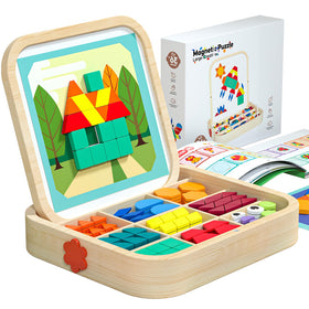 Migargle 288-piece wooden magnetic pattern blocks set for creative pattern building and STEM learning.