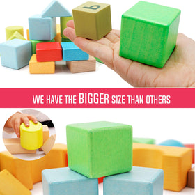 Migargle 32-piece colorful wooden blocks promote creative construction and fine motor skills.
