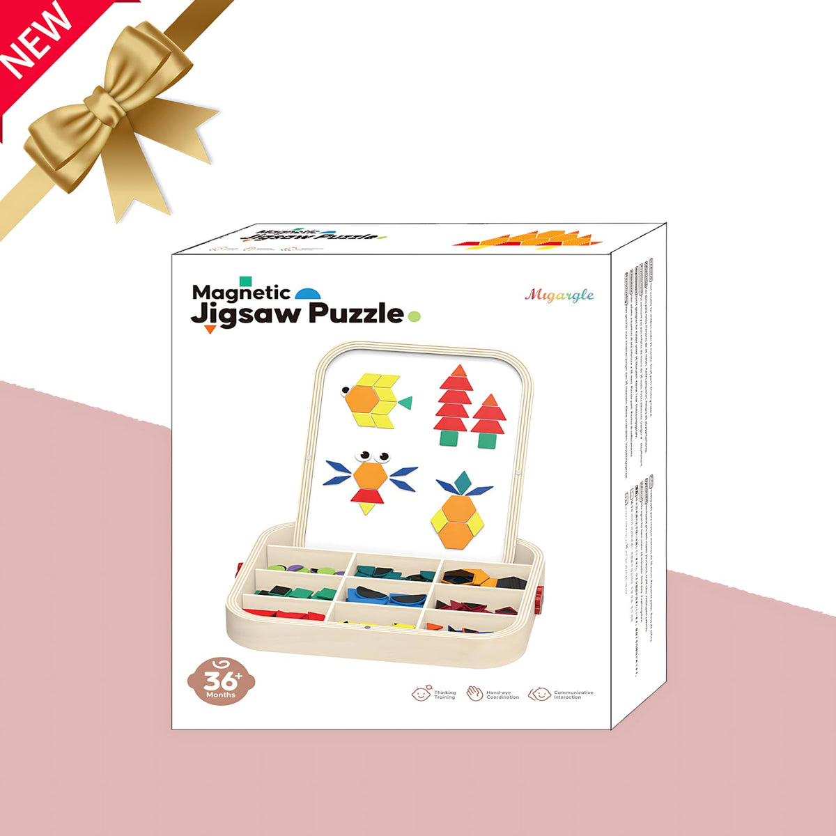 Migargle colorful wooden shapes invite tactile exploration and creative pattern construction.