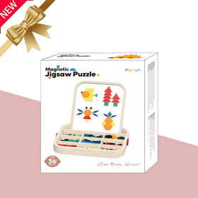 Migargle colorful wooden shapes invite tactile exploration and creative pattern construction.