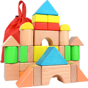 Migargle large wooden blocks with storage bag for easy cleanup and carry.