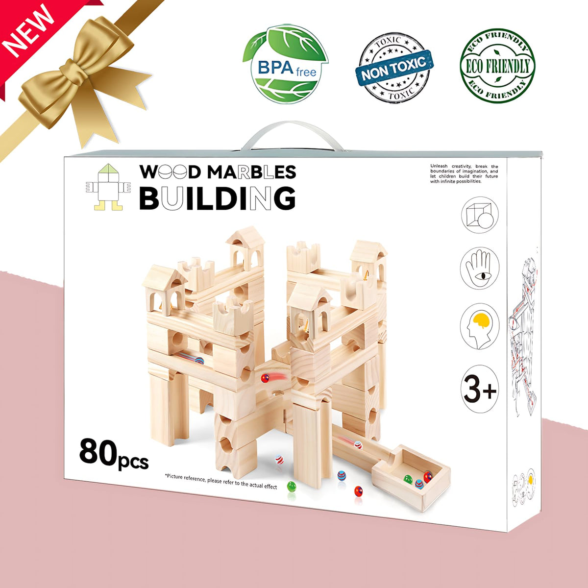 Migargle marble run closeup with marbles captured mid-roll suggests engaging problem-solving sessions.