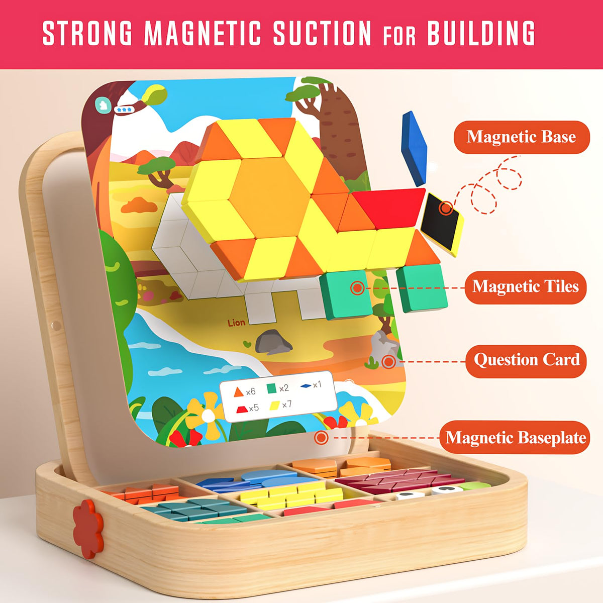 Migargle tangram blocks support fine motor skills through precise placement.