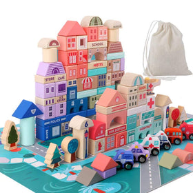 Migargle wooden blocks set with 115 pieces for city-building play and fine motor skills.