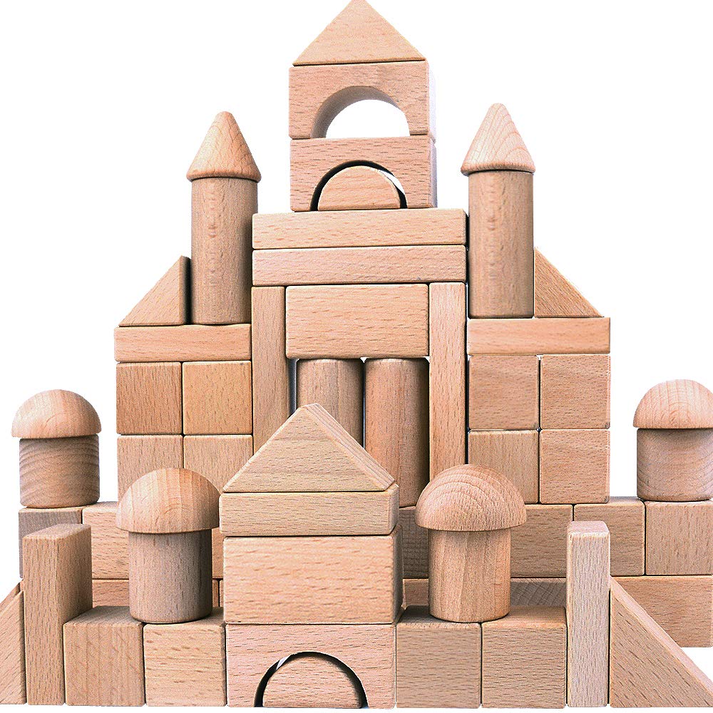 Migargle wooden building blocks set stacked into a tower to spark hands-on geometry exploration.