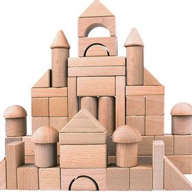 Migargle wooden building blocks set stacked into a tower to spark hands-on geometry exploration.