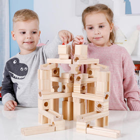 Migargle wooden marble run set closeup highlights smooth edges for safe, tactile exploration.