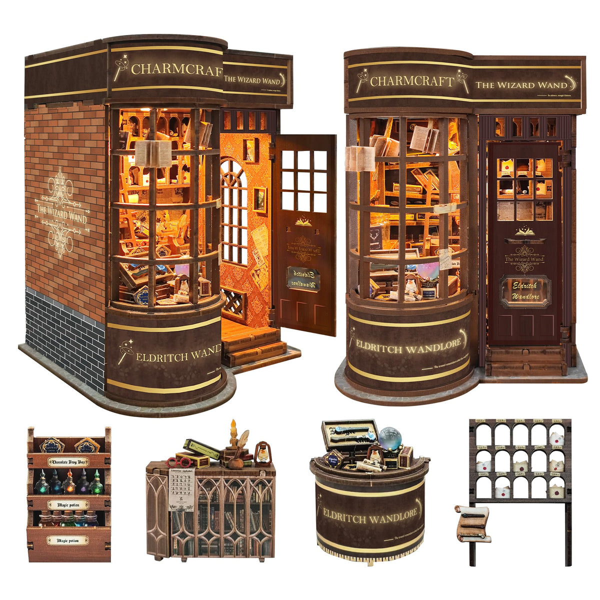 Miggley Book Nook Kit interior scene with magic wand shop detail for cozy shelf decor