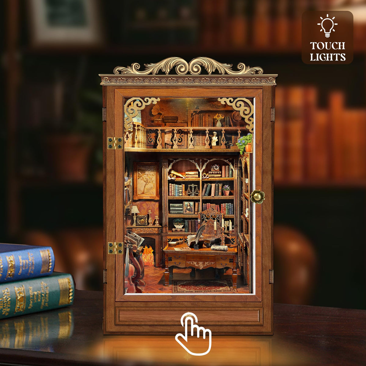 Miggley miniature house interior details enhancing visual storytelling on shelves.