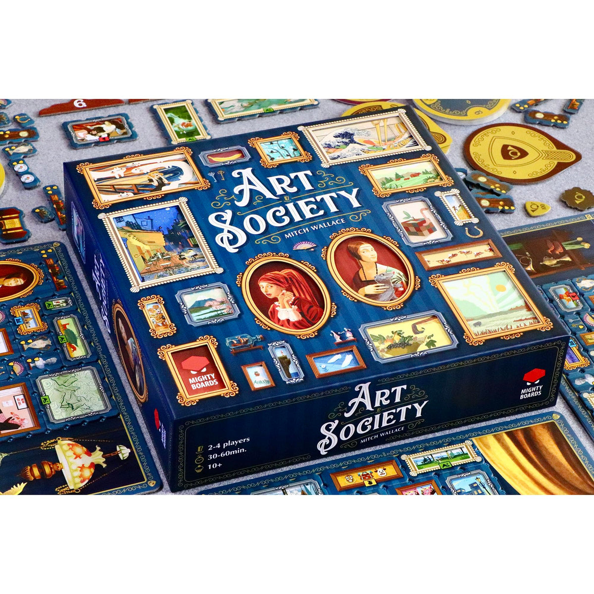 Mighty Boards Art Society game components close-up with tactile art cards