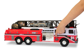 Mighty Fleet Titans 29-inch fire truck front view highlights extendable ladder and siren sounds.