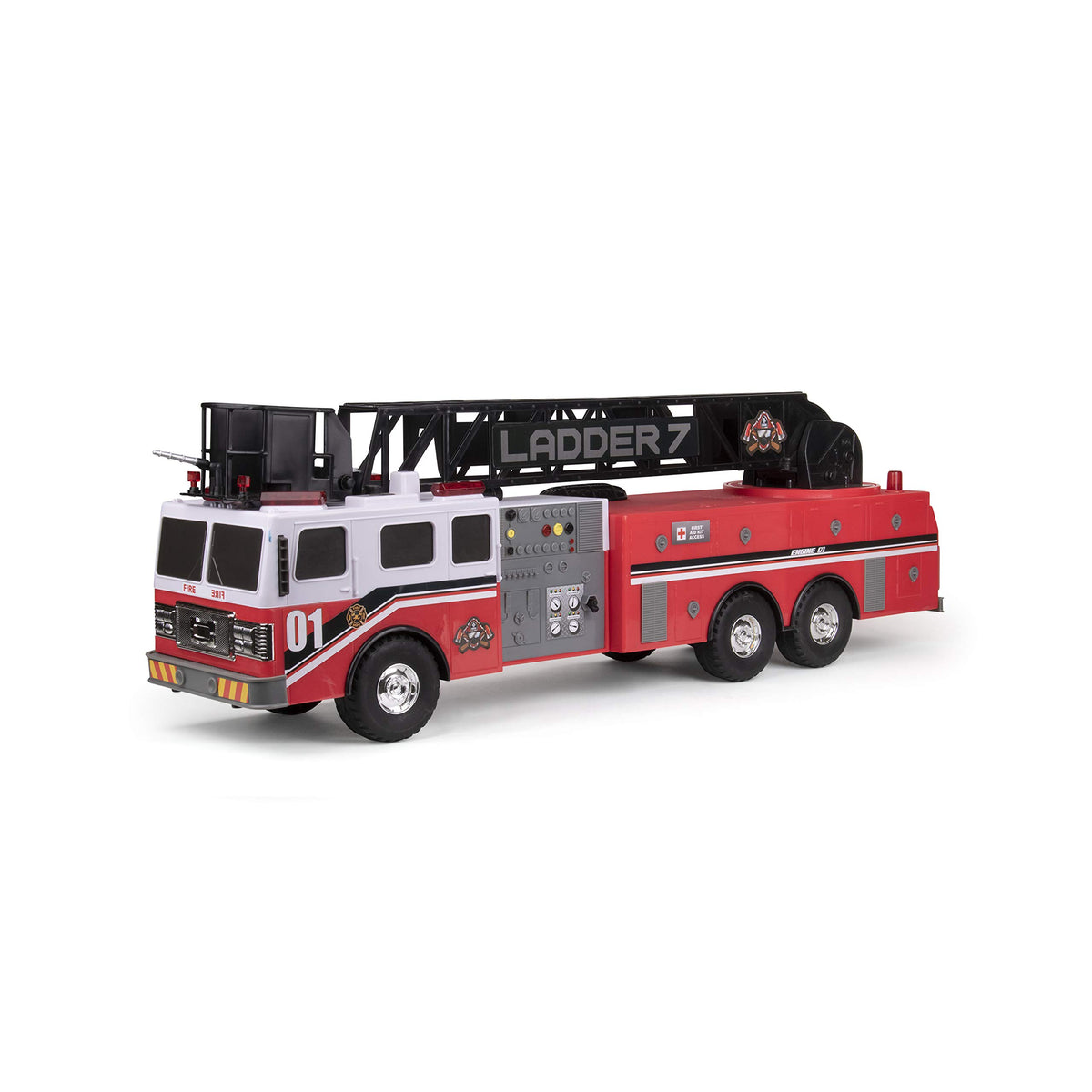 Mighty Fleet Titans 29-inch fire truck ladder extended for elevated rescue scenarios.