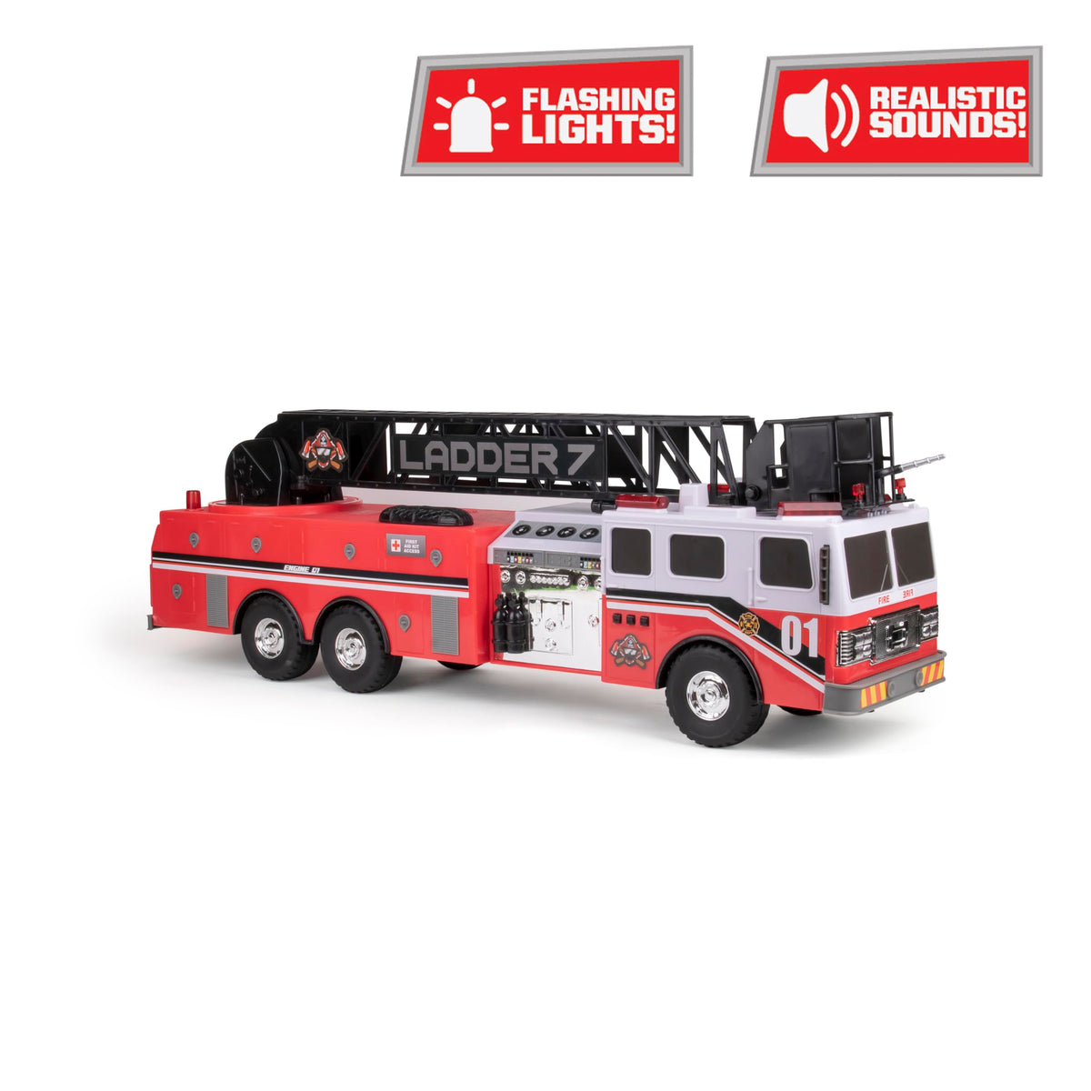 Mighty Fleet Titans 29-inch fire truck rear view shows durable construction for active play.