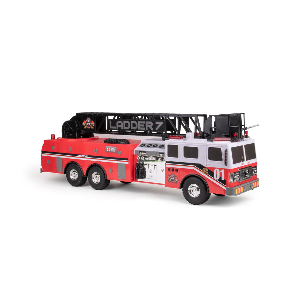 Mighty Fleet Titans 29-inch fire truck side view with flashing lights for immersive pretend play.